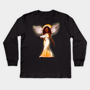 Angel with dove - Black angel of peace ! With glow, Afro hair, green eyes, Cherry pink lips and dark brown skin. Hair love ! Kids Long Sleeve T-Shirt